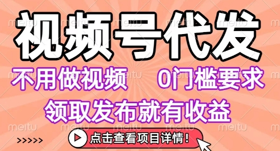 视频号代发，不用剪辑不用做视频，0门槛要求，领取发布就有收益，任务没有无上限，小白轻松上手网赚项目-副业赚钱-互联网创业-资源整合网创云库