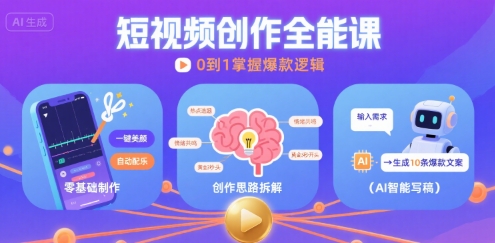 短视频创作课，短视频制作、创作思路、Ai写爆款文案网赚项目-副业赚钱-互联网创业-资源整合网创云库
