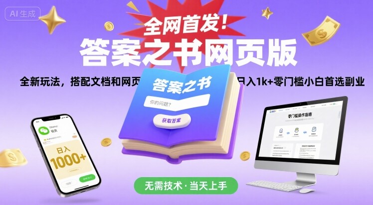 全网首发！答案之书网页版，全新玩法，搭配文档和网页，日入1k+零门槛小白首选副业网赚项目-副业赚钱-互联网创业-资源整合网创云库