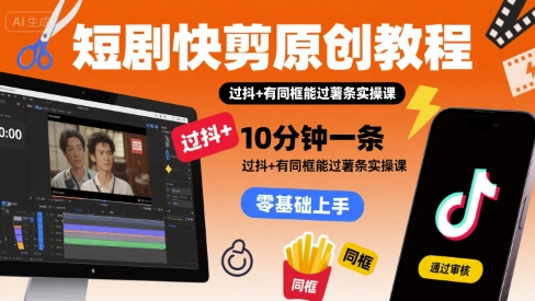 短剧快剪原创教程，10分钟一条，过抖+有同框能过薯条实操课网赚项目-副业赚钱-互联网创业-资源整合网创云库