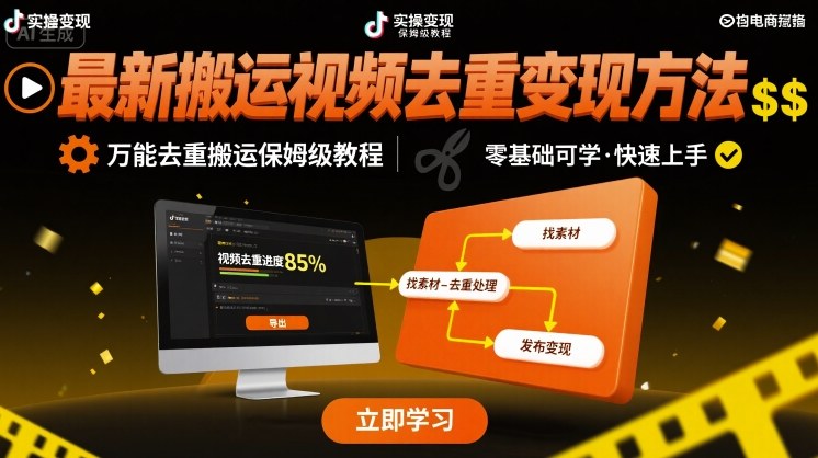最新搬运视频去重变现方法，万能去重搬运保姆级教程网赚项目-副业赚钱-互联网创业-资源整合网创云库