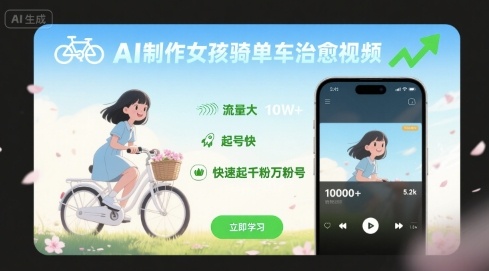 AI制作女孩骑单车治愈视频，流量大，起号快，快速起千粉万粉号网赚项目-副业赚钱-互联网创业-资源整合网创云库