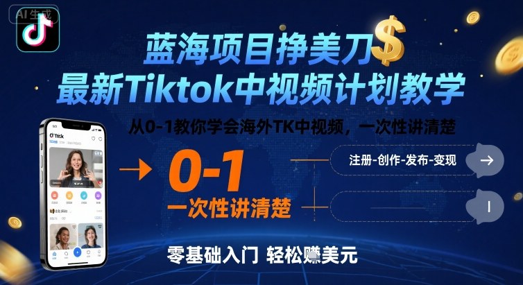 蓝海项目挣美刀，最新Tiktok中视频计划教学，从0-1教你学会海外TK中视频，一次性讲清楚网赚项目-副业赚钱-互联网创业-资源整合网创云库
