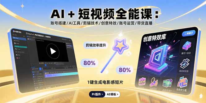 （15862期）AI+短视频全能课：账号搭建/AI工具/剪辑技术/创意特效/账号运营/带货直播网赚项目-副业赚钱-互联网创业-资源整合网创云库