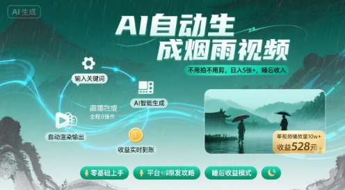 不用拍不用剪！AI自动生成烟雨视频，日入5张+，睡后收入网赚项目-副业赚钱-互联网创业-资源整合网创云库