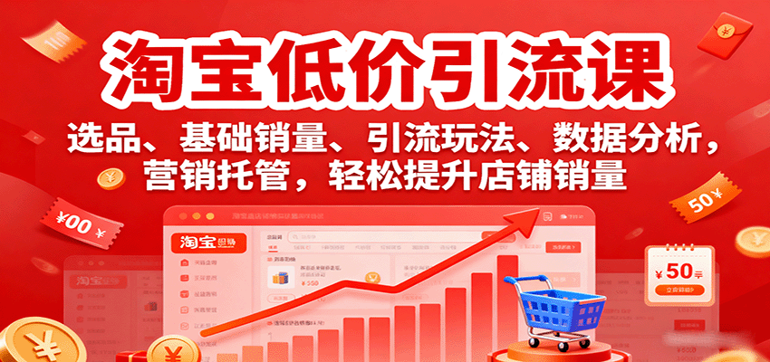 淘宝低价引流课，选品、基础销量、引流玩法、数据分析，营销托管，轻松提升店铺销量网赚项目-副业赚钱-互联网创业-资源整合网创云库