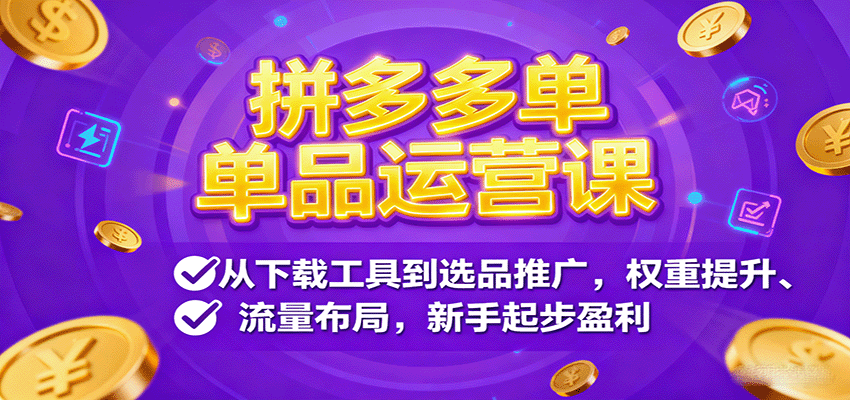拼多多单品运营课，从下载工具到选品推广，权重提升、流量布局，新手起步盈利网赚项目-副业赚钱-互联网创业-资源整合网创云库