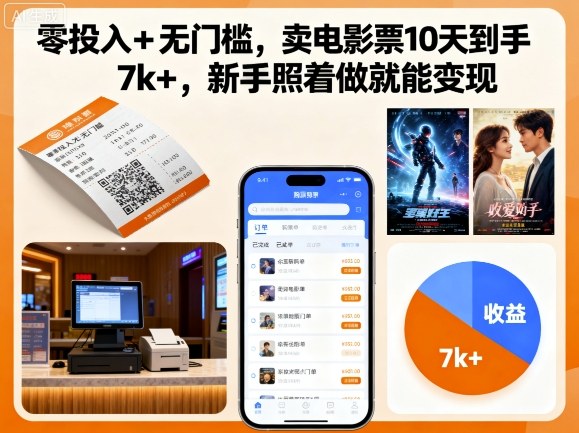 零投入+无门槛，卖电影票10天到手7k+，新手照着做就能变现网赚项目-副业赚钱-互联网创业-资源整合网创云库