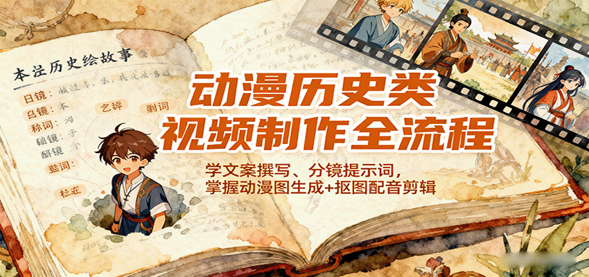 动漫历史类视频制作全流程，学文案撰写、分镜提示词，掌握动漫图生成+抠图配音剪辑网赚项目-副业赚钱-互联网创业-资源整合网创云库
