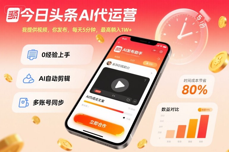 今日头条AI代运营，我提供视频，你发布，每天5分钟，最高躺入1W+网赚项目-副业赚钱-互联网创业-资源整合网创云库