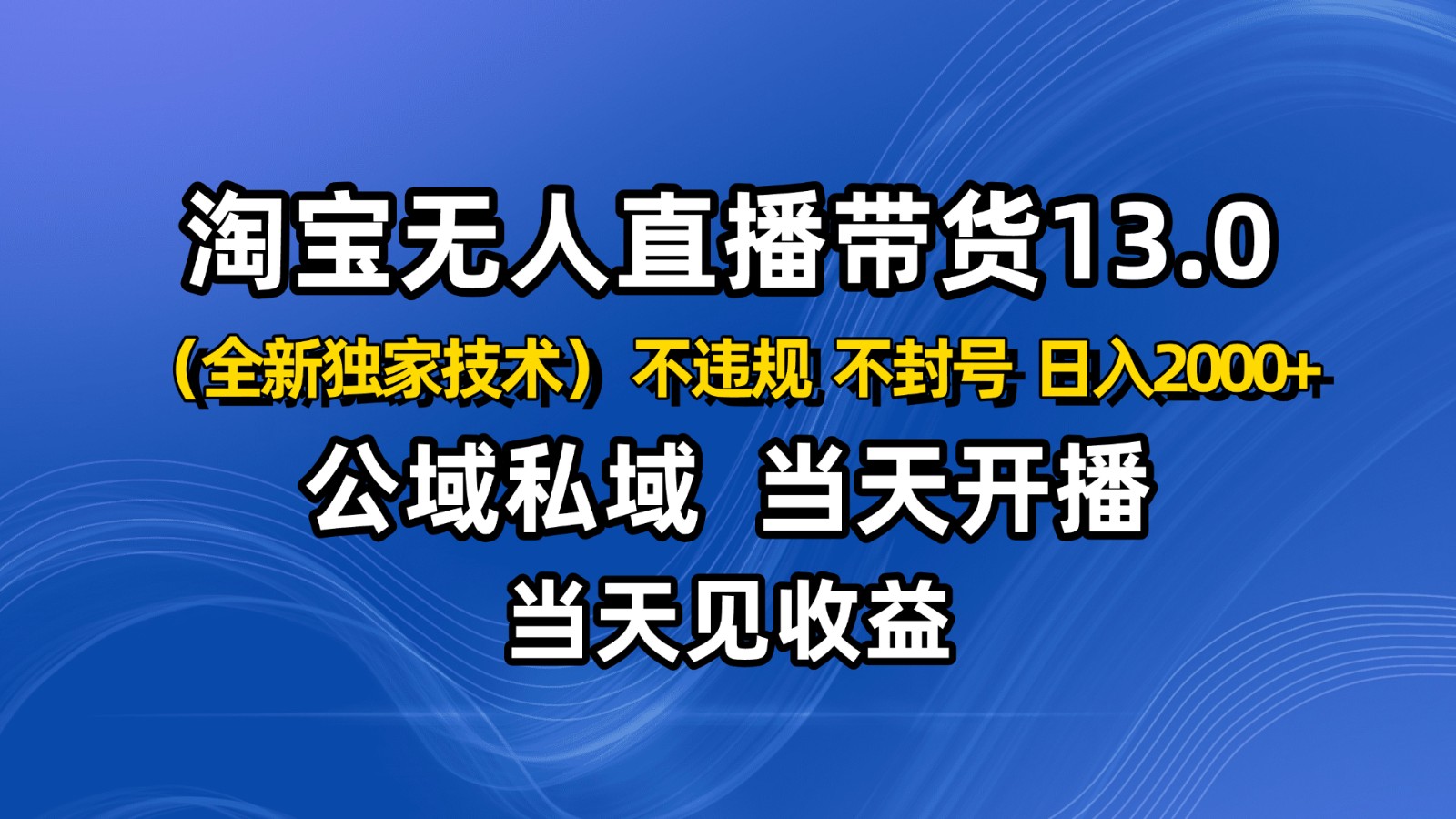 淘宝无人直播13.0，公域私域技术，不封号，不违规 布局下半年旺季赛道，日入2000+网赚项目-副业赚钱-互联网创业-资源整合网创云库