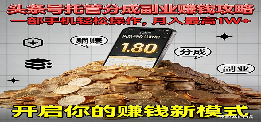 全程托管今日头条，一部手机就可以开干，最高躺赚1W+网赚项目-副业赚钱-互联网创业-资源整合网创云库