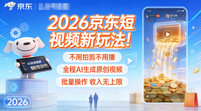 2026京东短视频新玩法！不用拍剪不用播，全程AI生成原创视频，批量操作收入无上限网赚项目-副业赚钱-互联网创业-资源整合网创云库