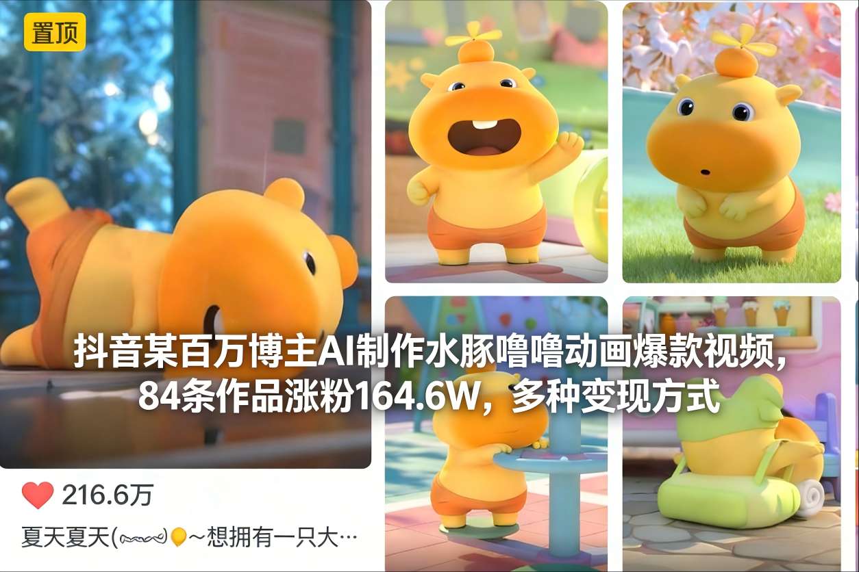 抖音某百万博主AI制作水豚噜噜动画爆款视频，84条作品涨粉164.6W，多种变现方式网赚项目-副业赚钱-互联网创业-资源整合网创云库
