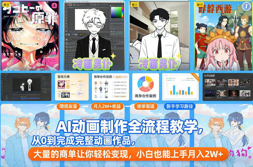 AI动画制作全流程教学，从0到完成完整动画作品，大量的商单让你轻松变现，小白也能上手月入2W+网赚项目-副业赚钱-互联网创业-资源整合网创云库