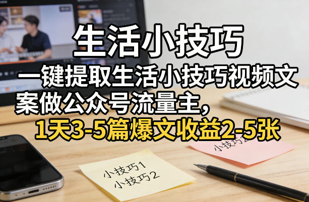 一键提取生活小技巧视频文案做公众号流量主，1天3-5篇爆文收益2-5张网赚项目-副业赚钱-互联网创业-资源整合网创云库