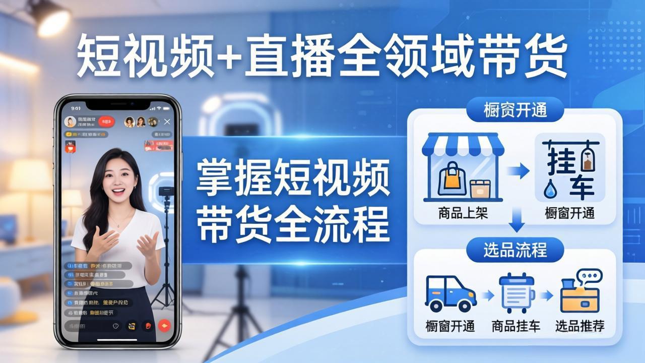 （17835期）短视频+直播全领域带货：掌握橱窗开通、挂车、选品、爆款文案改编等短视频带货全流程网赚项目-副业赚钱-互联网创业-资源整合网创云库