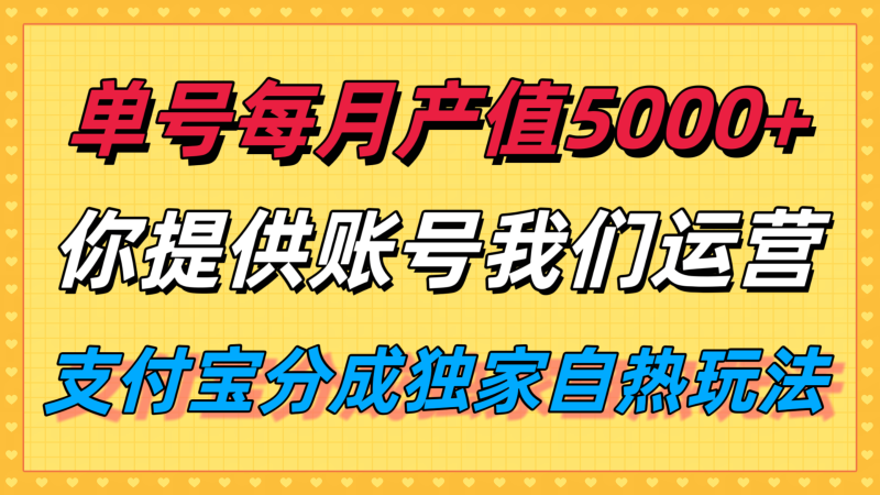 单月产值5000+，支付宝分成代运营，你提供账号坐等分钱，我们帮你运营网赚项目-副业赚钱-互联网创业-资源整合网创云库