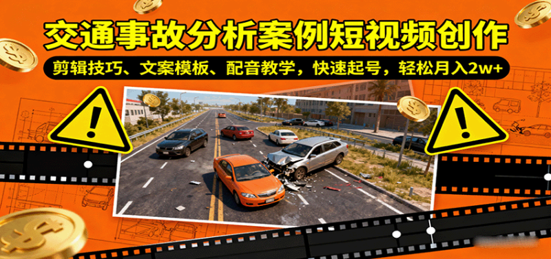 交通事故分析案例短视频创作，剪辑技巧、文案模板、配音教学，快速起号，轻松月入2w+网赚项目-副业赚钱-互联网创业-资源整合网创云库