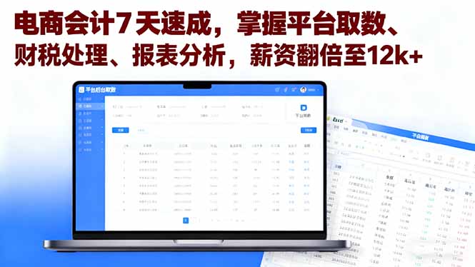 （16192期）电商会计7天速成，掌握平台取数、财税处理、报表分析，薪资翻倍至12k+网赚项目-副业赚钱-互联网创业-资源整合网创云库