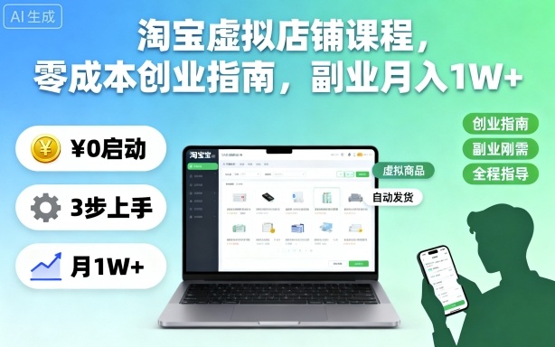 淘宝虚拟店铺课程，零成本创业指南，副业月入1W+网赚项目-副业赚钱-互联网创业-资源整合网创云库