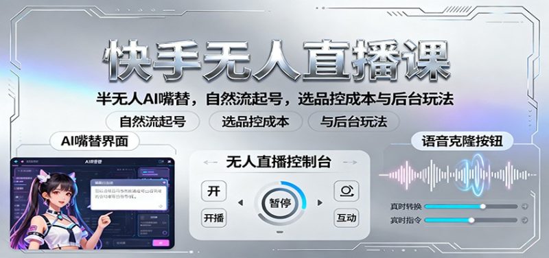 快手无人直播课：半无人AI嘴替，自然流起号，选品控成本与后台玩法网赚项目-副业赚钱-互联网创业-资源整合网创云库