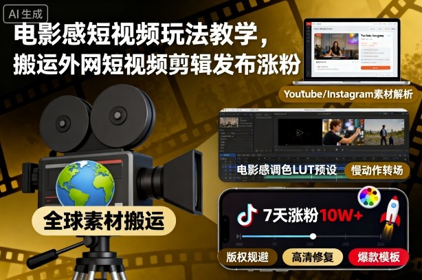 电影感短视频玩法教学，搬运外网短视频剪辑发布涨粉网赚项目-副业赚钱-互联网创业-资源整合网创云库