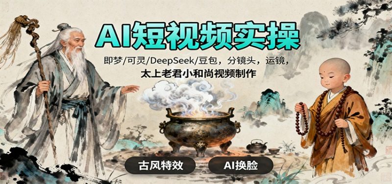 AI短视频实操，即梦/可灵/DeepSeek/豆包，分镜头，运镜，太上老君小和尚视频制作网赚项目-副业赚钱-互联网创业-资源整合网创云库