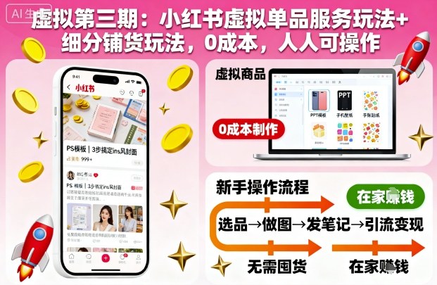 虚拟第三期：小红书虚拟单品服务玩法+细分铺货玩法，0成本，人人可操作（更新）网赚项目-副业赚钱-互联网创业-资源整合网创云库