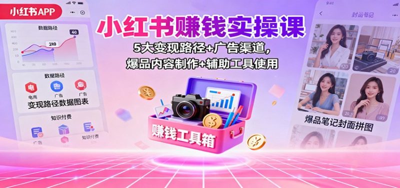 小红书赚钱实操课：5大变现路径+广告渠道，爆品内容制作+辅助工具使用网赚项目-副业赚钱-互联网创业-资源整合网创云库