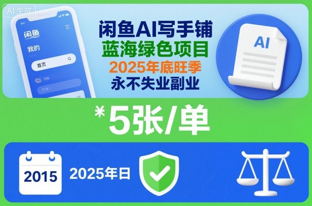 闲鱼AI写手铺，蓝海绿色项目，一单5张，2025年底旺季，永不失业副业网赚项目-副业赚钱-互联网创业-资源整合网创云库