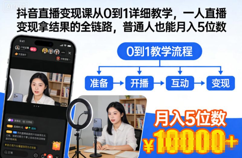 抖音直播变现课从0到1详细教学，一人直播变现拿结果的全链路，普通人也能月入5位数网赚项目-副业赚钱-互联网创业-资源整合网创云库