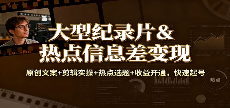 大型纪录片&热点信息差变现：原创文案+剪辑实操+热点选题+收益开通，快速起号网赚项目-副业赚钱-互联网创业-资源整合网创云库