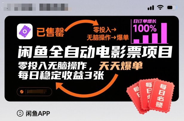 闲鱼全自动电影票项目，零投入无脑操作，天天爆单，每日稳定收益3张网赚项目-副业赚钱-互联网创业-资源整合网创云库