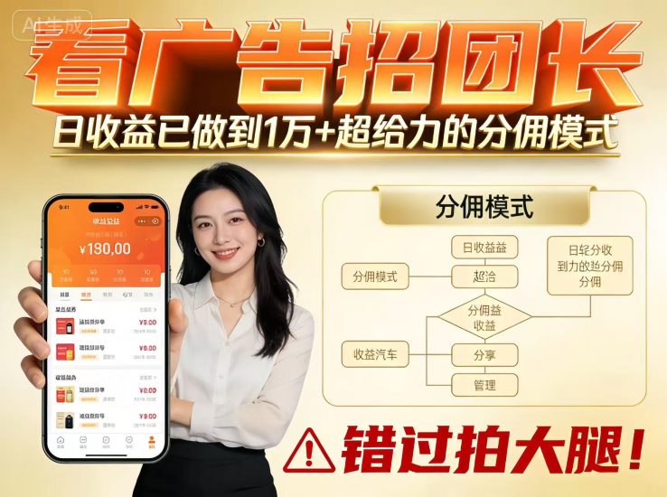 看广告招团长，团队收益已做到日入1万，分佣模式超给力，错过拍大腿网赚项目-副业赚钱-互联网创业-资源整合网创云库
