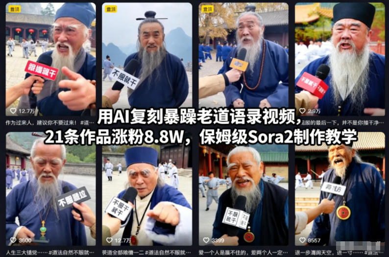 用AI复刻暴躁老道语录视频，21条作品涨粉8.8W，保姆级Sora2制作教学网赚项目-副业赚钱-互联网创业-资源整合网创云库