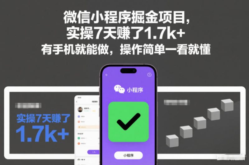 微信小程序掘金项目，实操7天賺了1.7k+，有手机就能做，操作简单一看就懂网赚项目-副业赚钱-互联网创业-资源整合网创云库