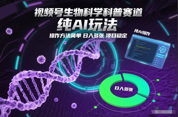 视频号生物科学科普赛道，纯AI玩法，操作方法简单，日入多张，项目稳定网赚项目-副业赚钱-互联网创业-资源整合网创云库