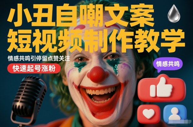 小丑自嘲文案短视频制作教学，情感共鸣引停留点赞关注，快速起号涨粉网赚项目-副业赚钱-互联网创业-资源整合网创云库