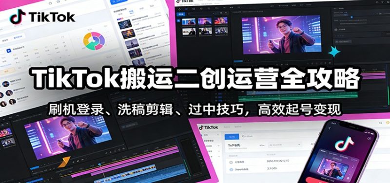 TikTok搬运二创运营全攻略：刷机登录、洗稿剪辑 、过中技巧，高效起号变现网赚项目-副业赚钱-互联网创业-资源整合网创云库