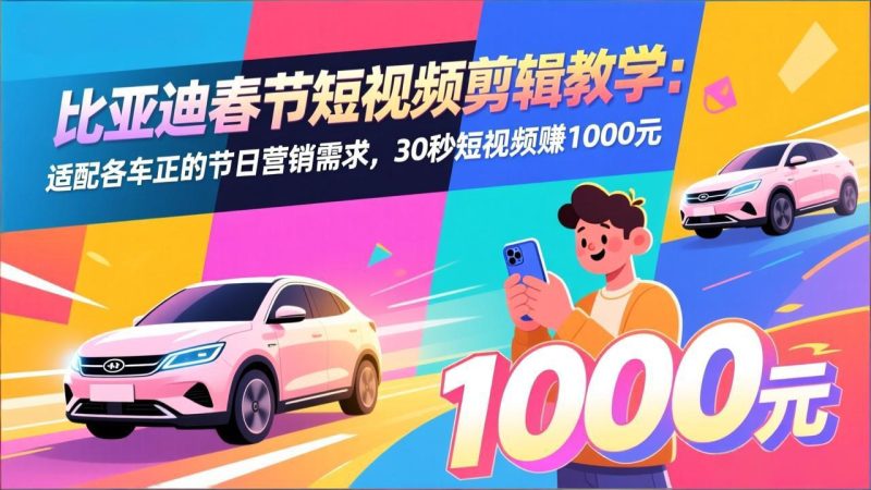 （17320期）比亚迪春节短视频剪辑教学：适配各车企的节日营销需求，30秒短视频赚1000元网赚项目-副业赚钱-互联网创业-资源整合网创云库