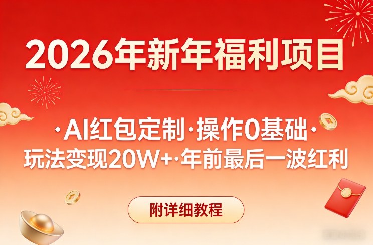 新年福利项目，AI红包定制，操作0基础，玩法变现20W+年前最后一波红利，附详细教程网赚项目-副业赚钱-互联网创业-资源整合网创云库
