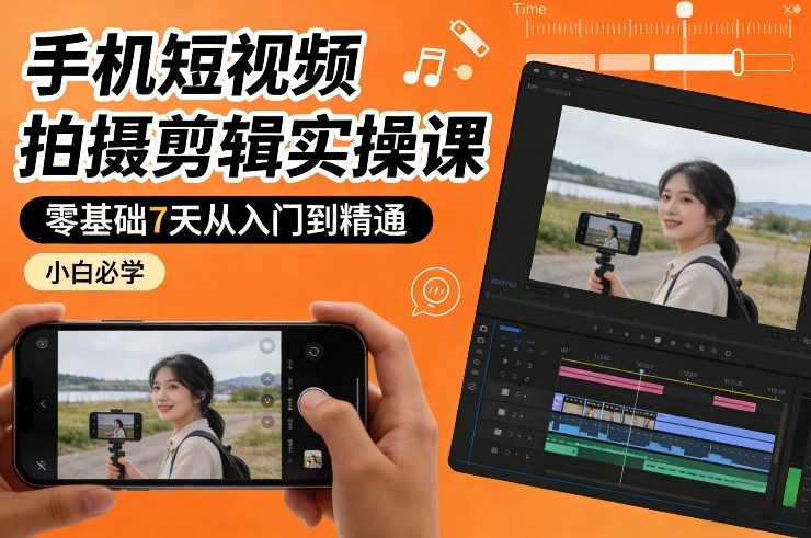 手机短视频拍摄剪辑实操课，零基础7天从入门到精通，小白必学网赚项目-副业赚钱-互联网创业-资源整合网创云库