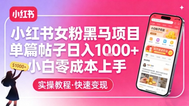 小红书女粉黑马项目，单篇帖子日入1k+，小白零成本上手网赚项目-副业赚钱-互联网创业-资源整合网创云库